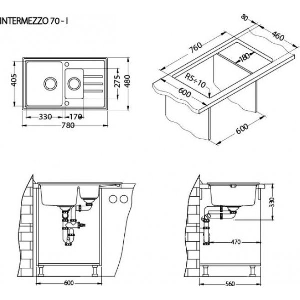 INTERMEZZO 70/55 - béžový (780x480mm) jed. sifon F