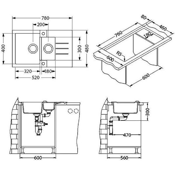 ROCK 70 G- 91 černá (780x480mm)+ pop- up sifon  F