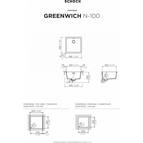 SET 12-5 Dřez SCHOCK GREENWICH N-100 + baterie SC-510  barevná 554120