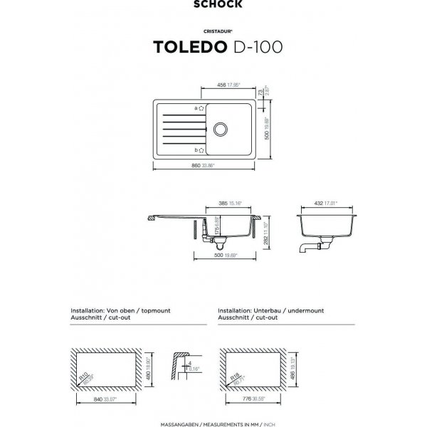SET 02-3 Dřez SCHOCK Toledo D-100 + baterie SC-90 Barevná 598000