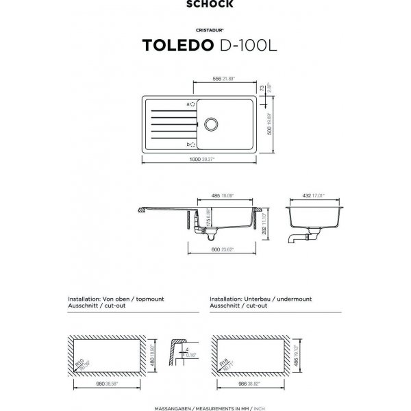 SET 03-3 Dřez SCHOCK Toledo D-100L + baterie SC-90 Barevná 598000